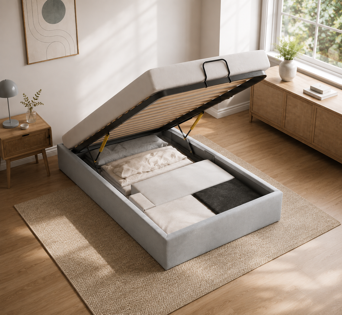 Lit Coffre/Sommier de rangement gris clair en tissu 90x190cm 90x200cm.