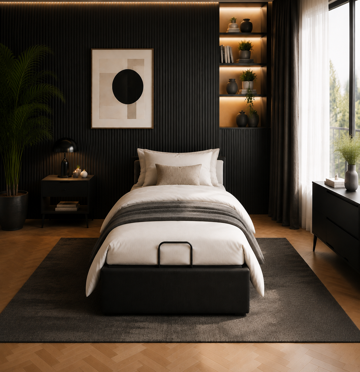 Lit Coffre/Sommier de rangement noir en tissu 90x190cm 90x200cm