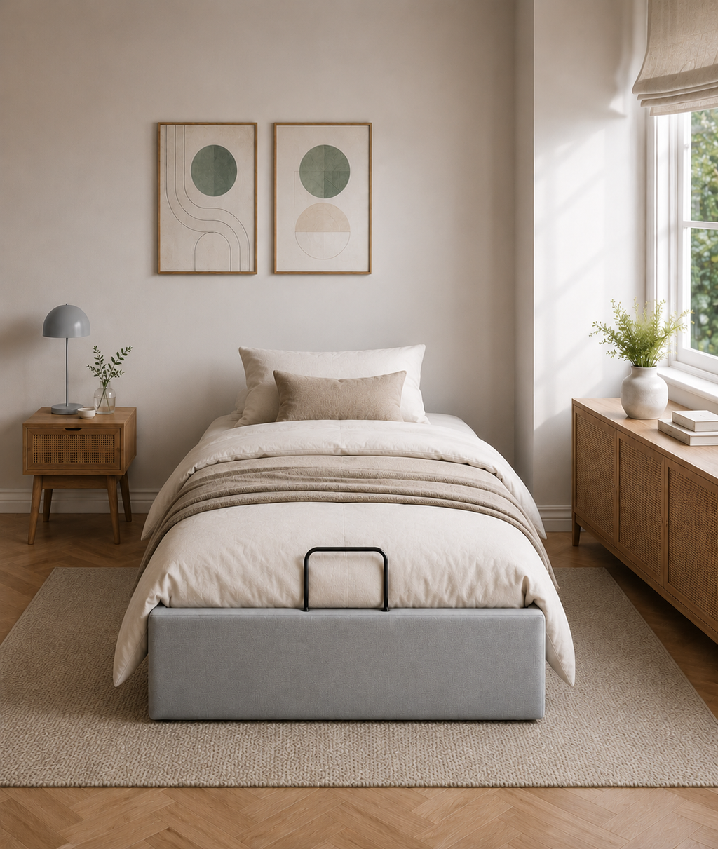 Lit Coffre/Sommier de rangement gris clair en tissu 90x190cm 90x200cm.