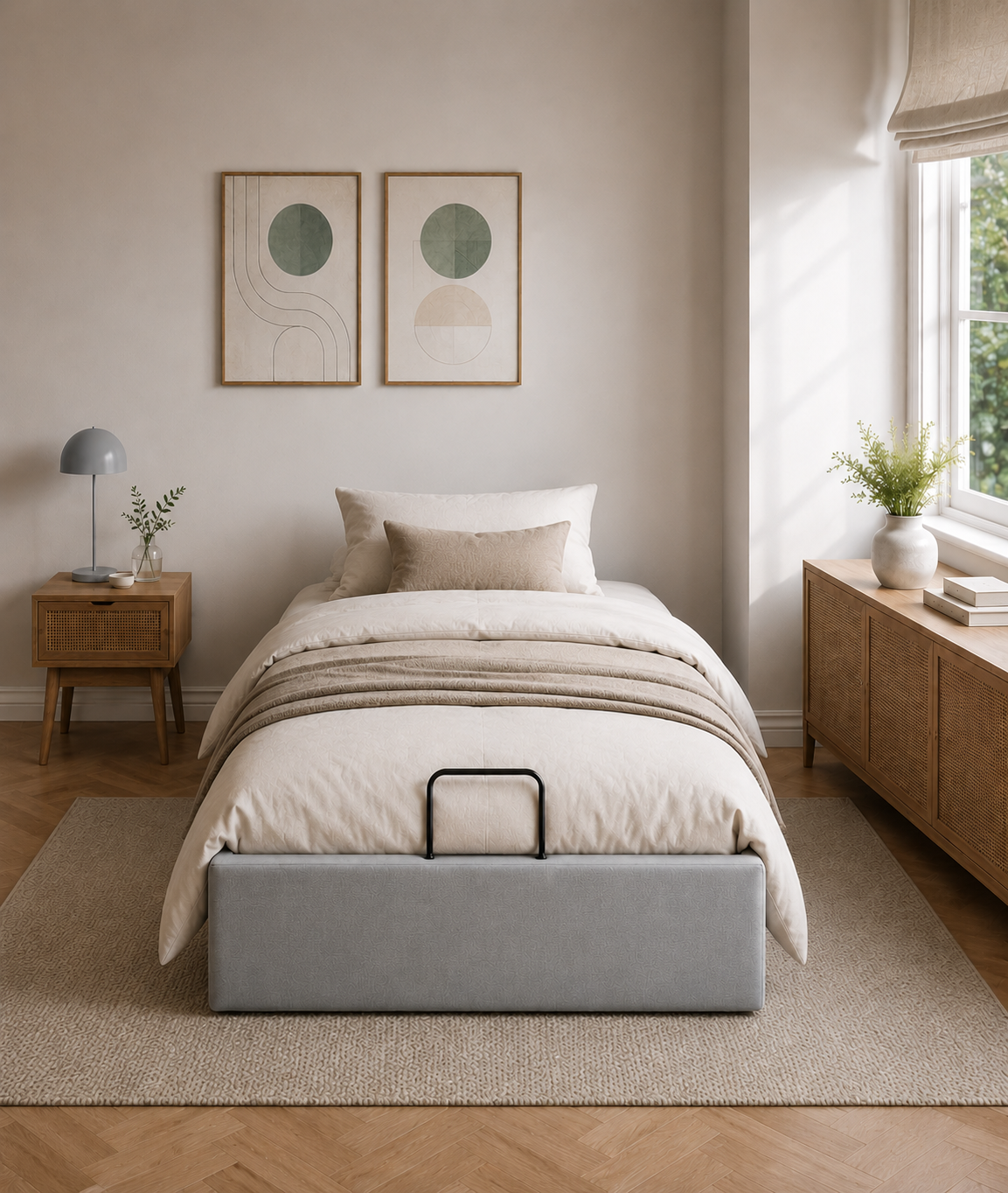 Lit Coffre/Sommier de rangement gris clair en tissu 90x190cm 90x200cm.