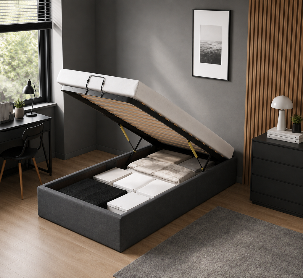 Lit Coffre/Sommier de rangement gris foncé en tissu 90x190cm 90x200cm