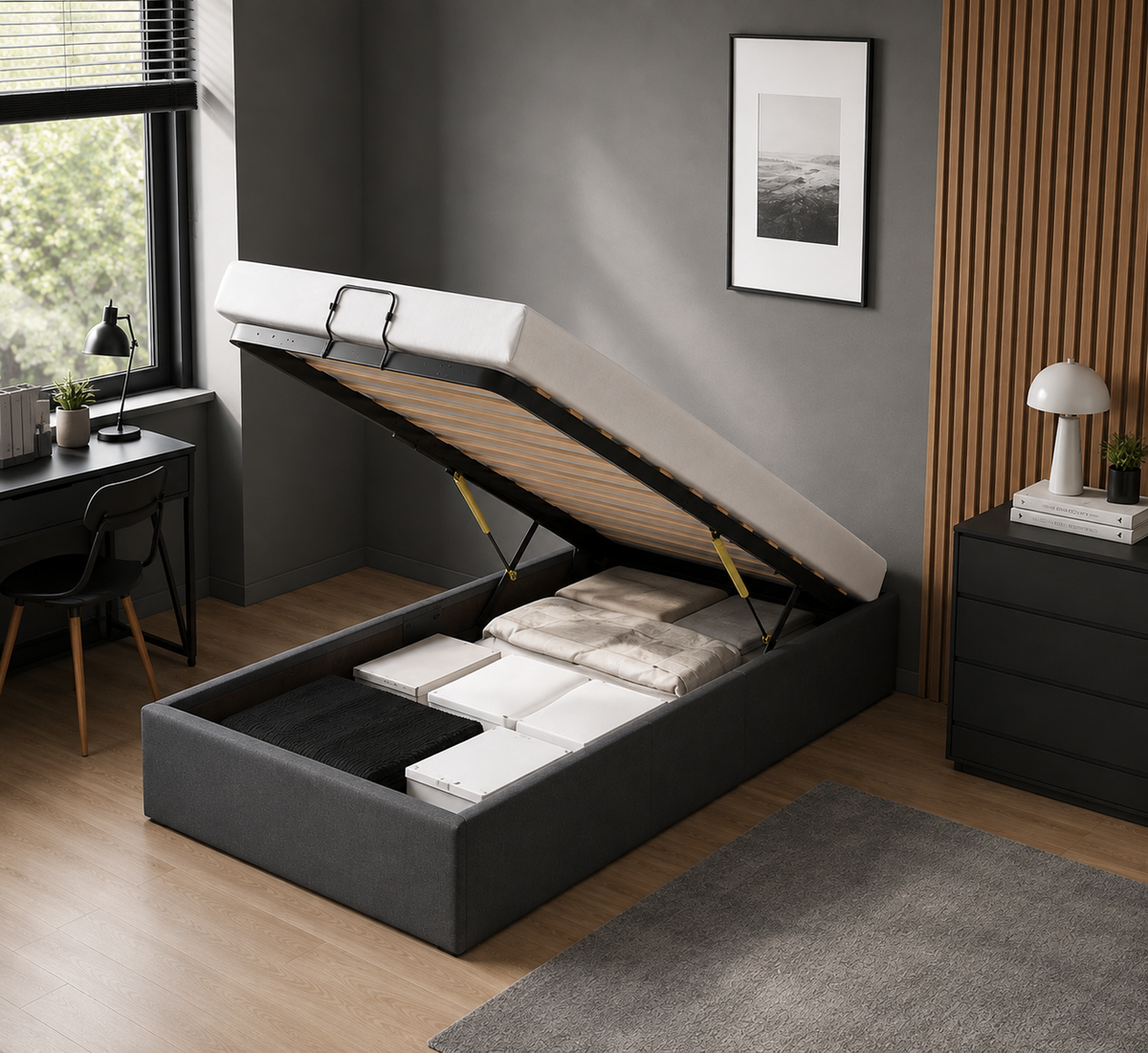 Lit Coffre/Sommier de rangement gris foncé en tissu 90x190cm 90x200cm