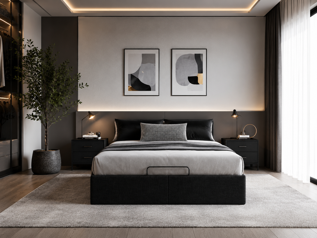 Lit Coffre/Sommier de rangement Noir en tissu