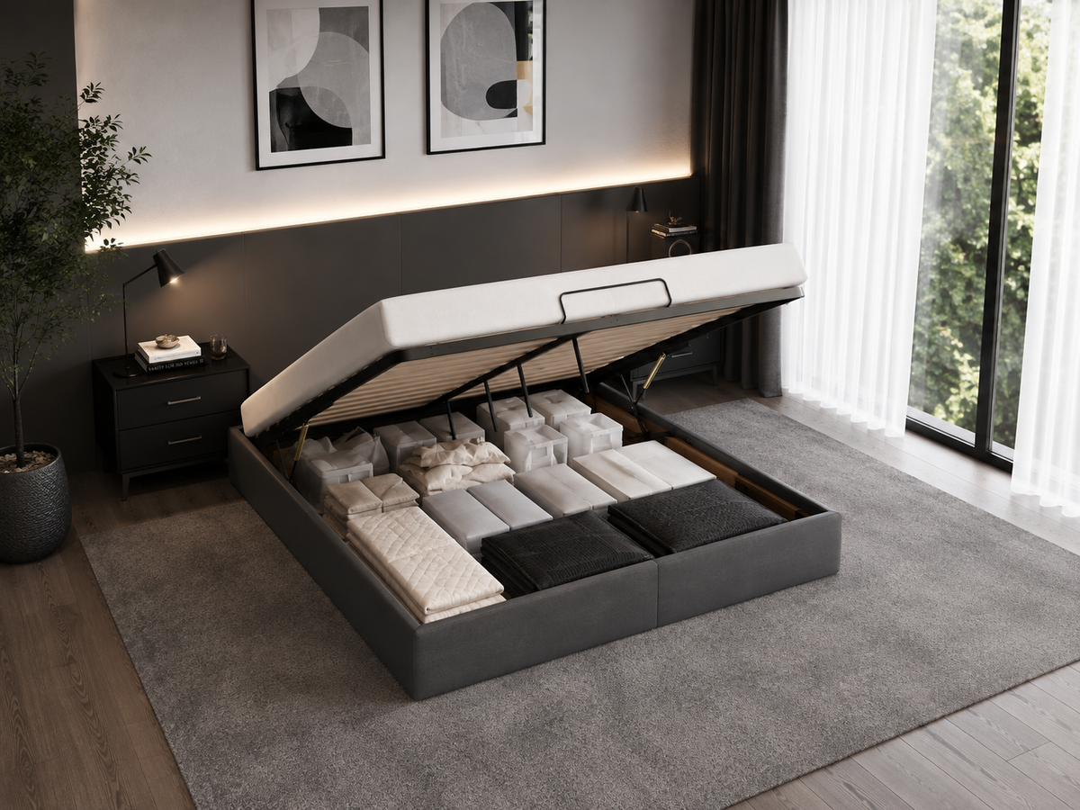 Lit Coffre/Sommier de rangement Gris foncé en tissu