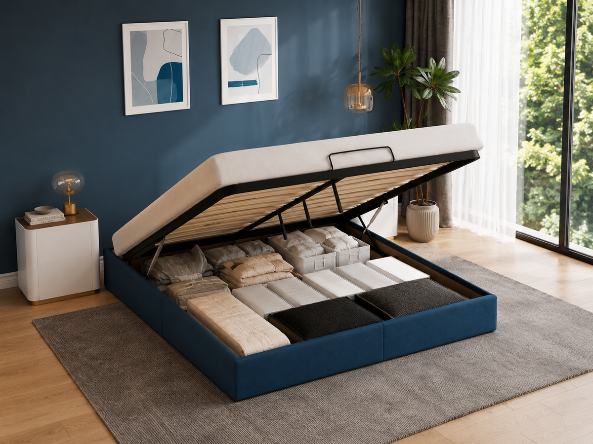 Lit Coffre/Sommier de rangement Bleu en tissu