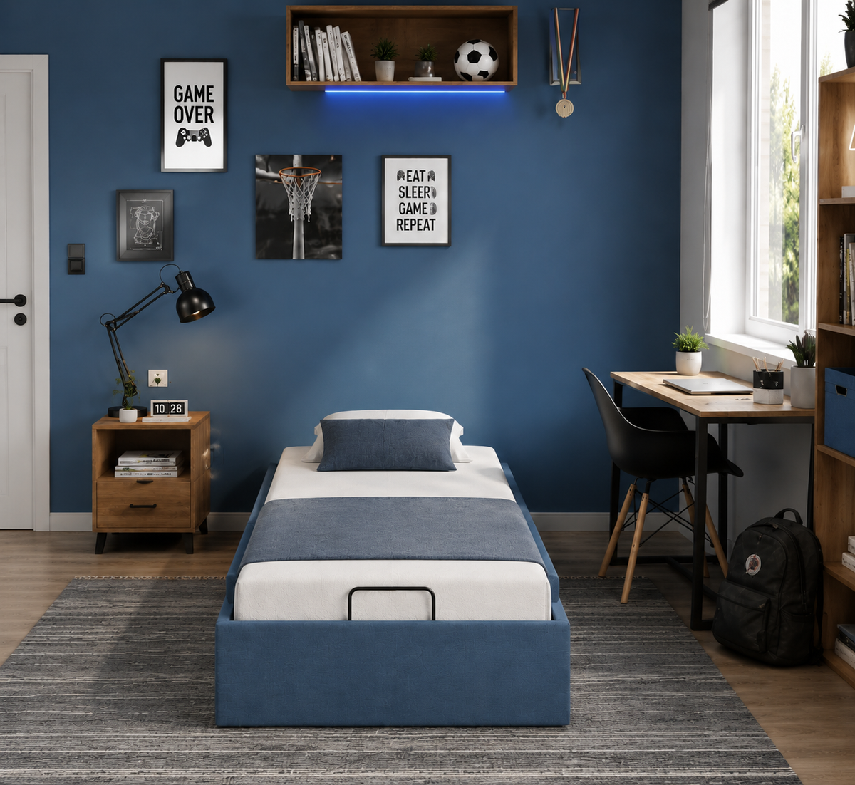 Lit Coffre/Sommier de rangement bleu en tissu 90x190cm 90x200cm