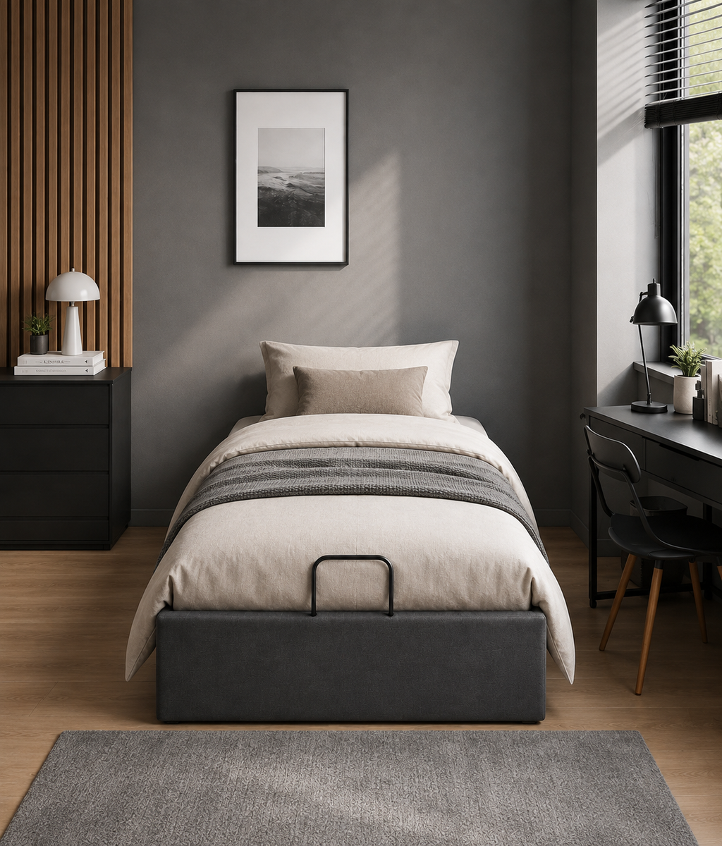 Lit Coffre/Sommier de rangement gris foncé en tissu 90x190cm 90x200cm