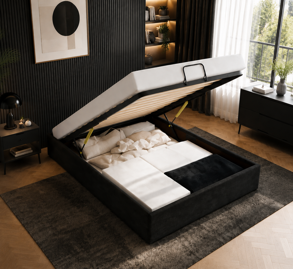 Lit Coffre/Sommier de rangement noir en tissu 90x190cm 90x200cm
