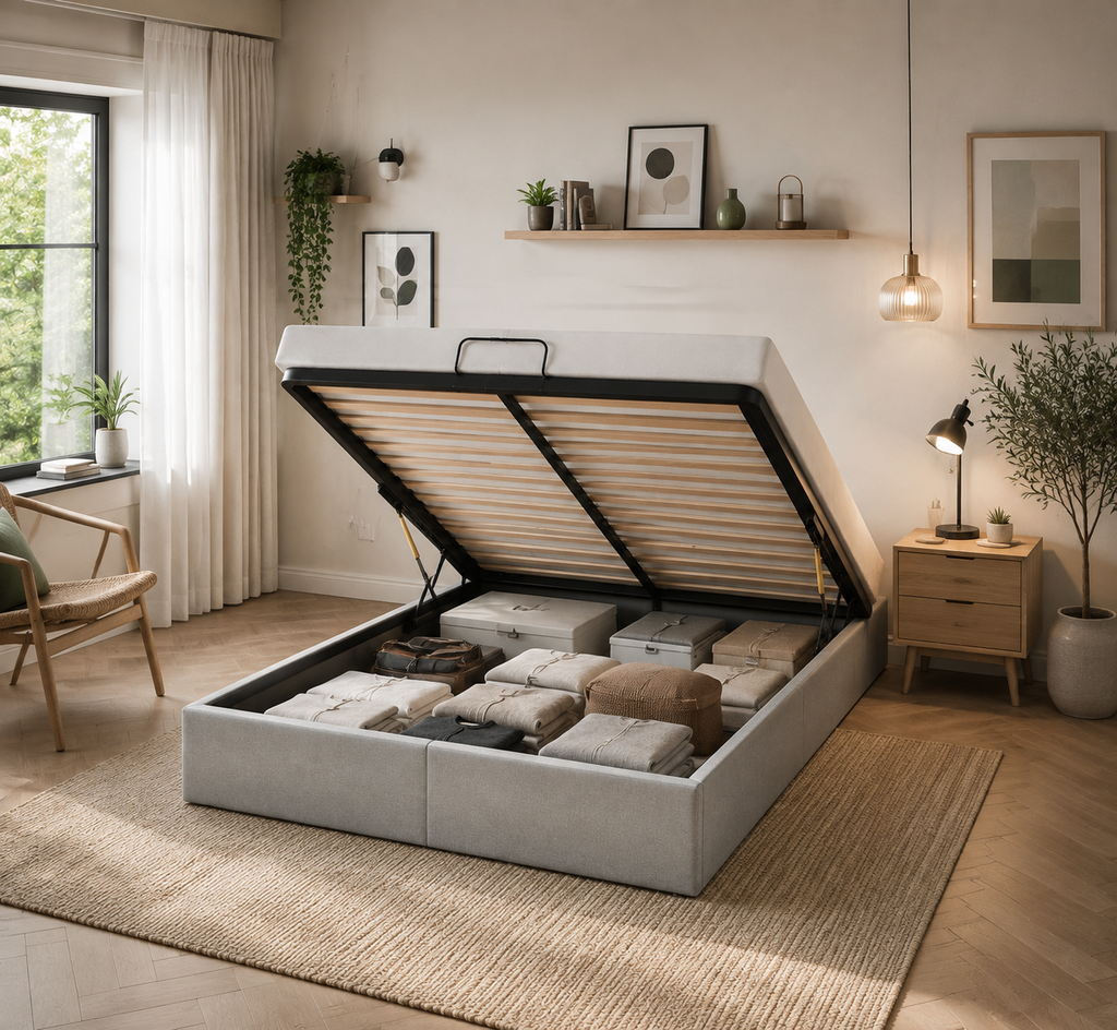 Lit Coffre/Sommier de rangement Gris clair en tissu