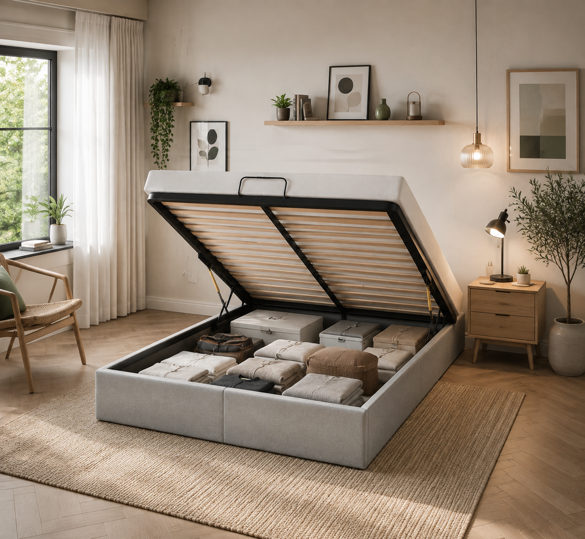 Lit Coffre/Sommier de rangement Gris clair en tissu