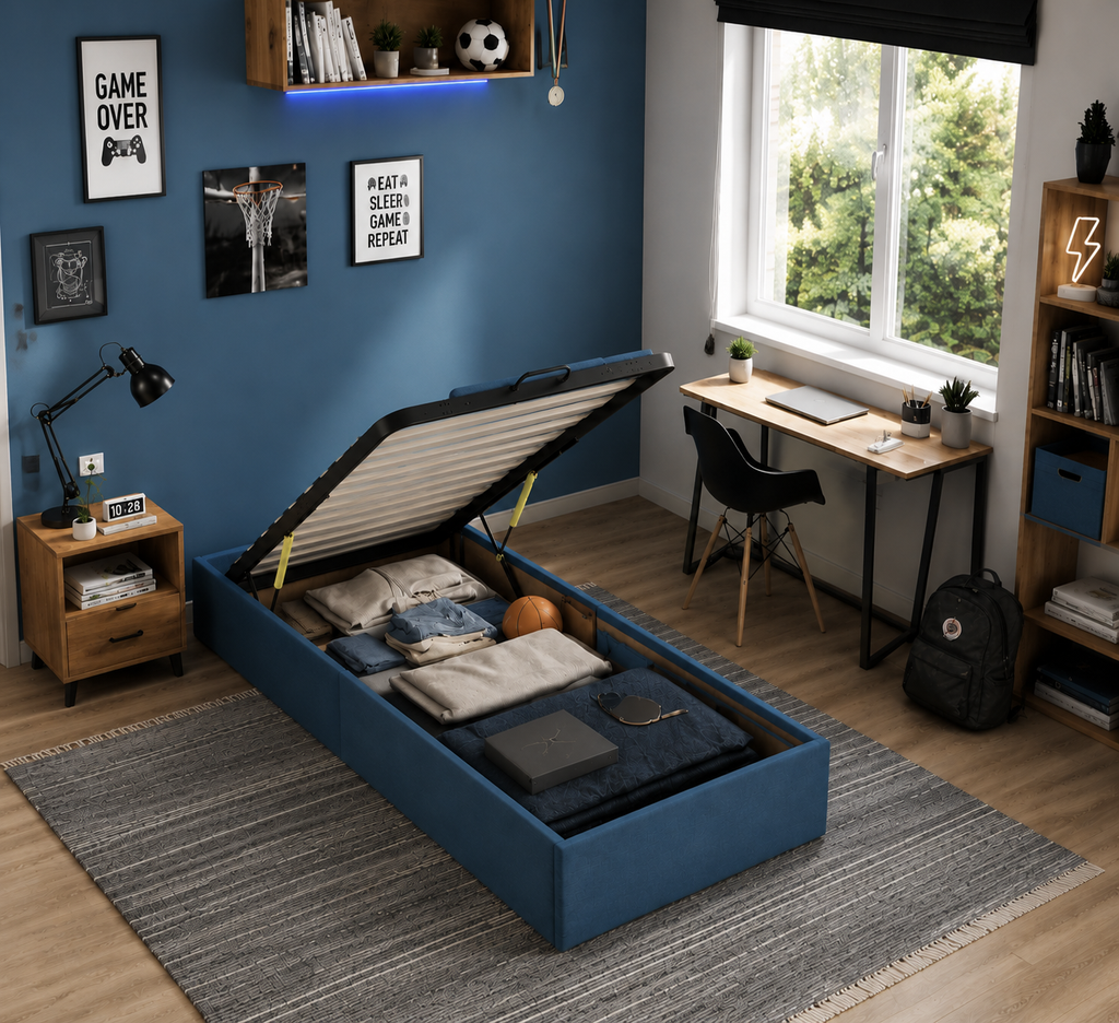 Lit Coffre/Sommier de rangement bleu en tissu 90x190cm 90x200cm