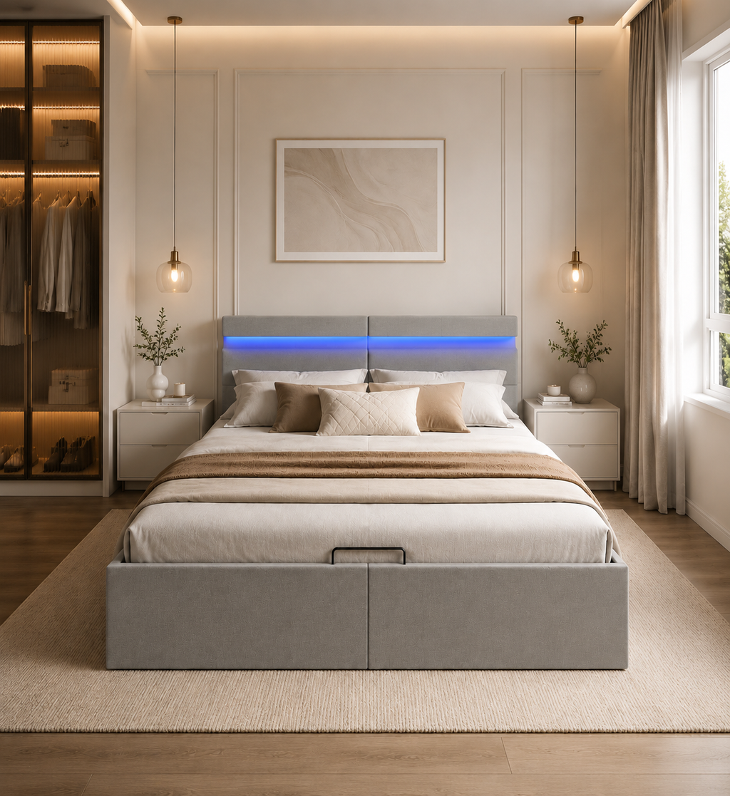 Lit coffre avec rangement hydraulique et LED – Gris clair