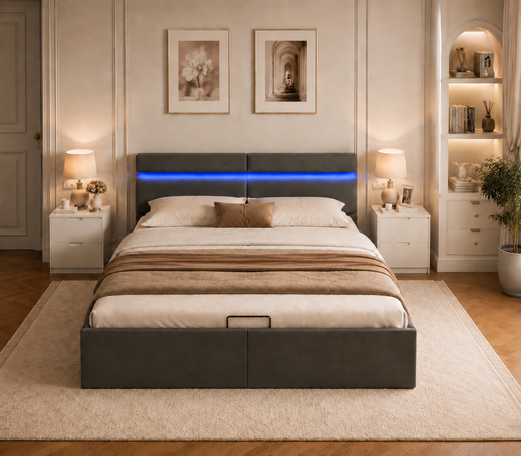 Lit coffre avec rangement hydraulique et LED – Gris foncé