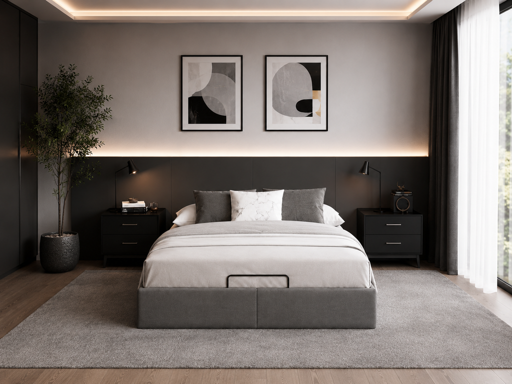 Lit Coffre/Sommier de rangement Gris foncé en tissu