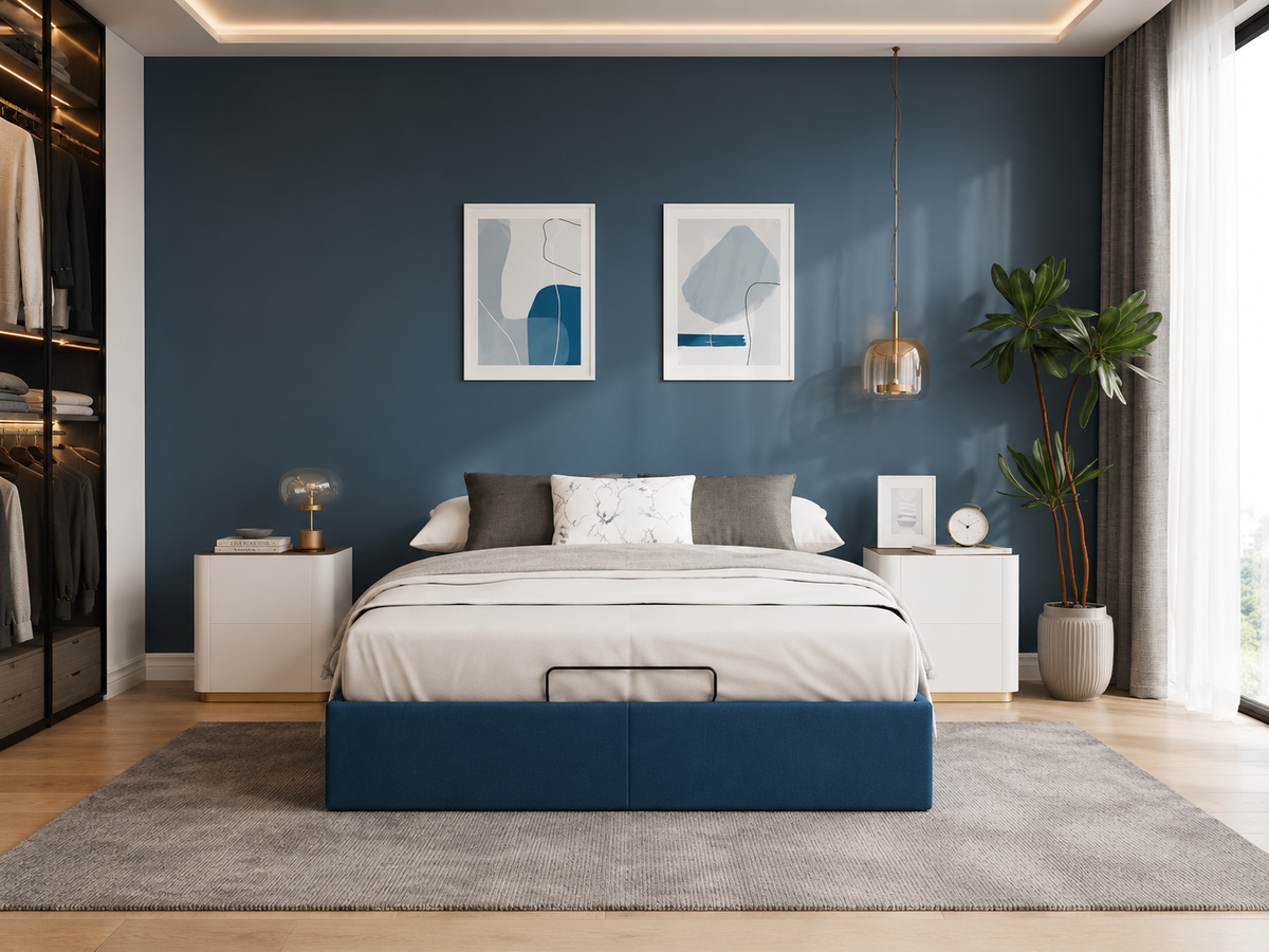 Lit Coffre/Sommier de rangement Bleu en tissu